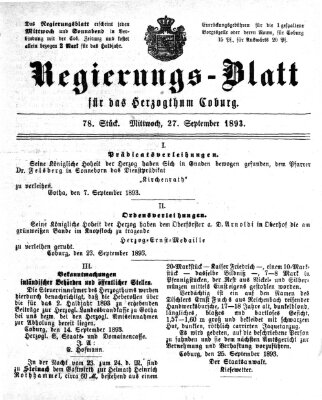 Regierungs-Blatt für das Herzogtum Coburg (Coburger Regierungs-Blatt) Mittwoch 27. September 1893