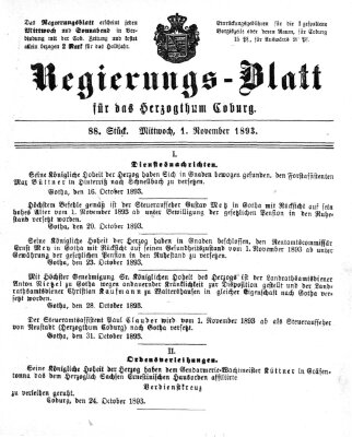 Regierungs-Blatt für das Herzogtum Coburg (Coburger Regierungs-Blatt) Mittwoch 1. November 1893