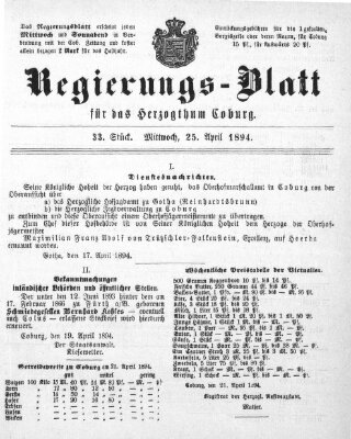 Regierungs-Blatt für das Herzogtum Coburg (Coburger Regierungs-Blatt) Mittwoch 25. April 1894