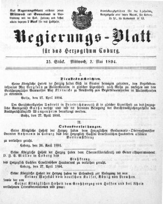 Regierungs-Blatt für das Herzogtum Coburg (Coburger Regierungs-Blatt) Mittwoch 2. Mai 1894
