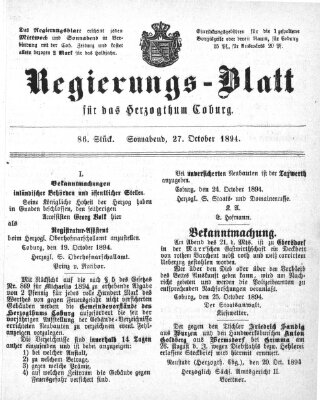Regierungs-Blatt für das Herzogtum Coburg (Coburger Regierungs-Blatt) Samstag 27. Oktober 1894