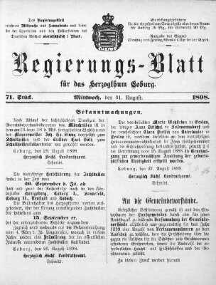 Regierungs-Blatt für das Herzogtum Coburg (Coburger Regierungs-Blatt) Mittwoch 31. August 1898