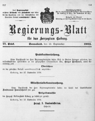 Regierungs-Blatt für das Herzogtum Coburg (Coburger Regierungs-Blatt) Samstag 24. September 1904