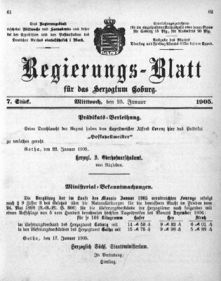 Regierungs-Blatt für das Herzogtum Coburg (Coburger Regierungs-Blatt) Mittwoch 25. Januar 1905