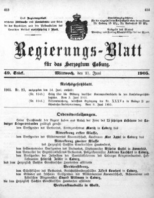 Regierungs-Blatt für das Herzogtum Coburg (Coburger Regierungs-Blatt) Mittwoch 21. Juni 1905