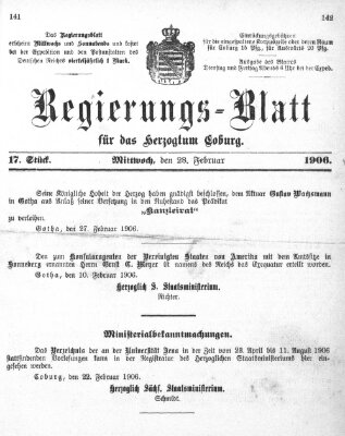 Regierungs-Blatt für das Herzogtum Coburg (Coburger Regierungs-Blatt) Mittwoch 28. Februar 1906