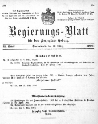 Regierungs-Blatt für das Herzogtum Coburg (Coburger Regierungs-Blatt) Samstag 17. März 1906