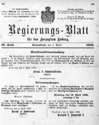 Regierungs-Blatt für das Herzogtum Coburg (Coburger Regierungs-Blatt) Samstag 7. April 1906