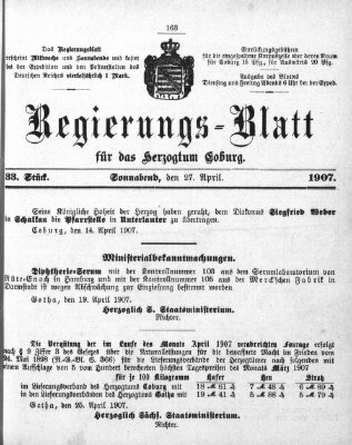 Regierungs-Blatt für das Herzogtum Coburg (Coburger Regierungs-Blatt) Samstag 27. April 1907