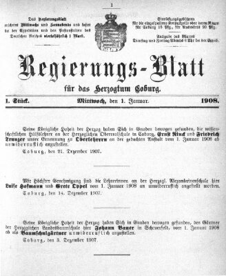 Regierungs-Blatt für das Herzogtum Coburg (Coburger Regierungs-Blatt) Mittwoch 1. Januar 1908