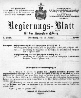Regierungs-Blatt für das Herzogtum Coburg (Coburger Regierungs-Blatt) Mittwoch 15. Januar 1908