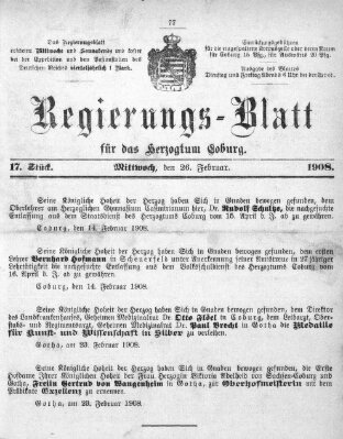 Regierungs-Blatt für das Herzogtum Coburg (Coburger Regierungs-Blatt) Mittwoch 26. Februar 1908