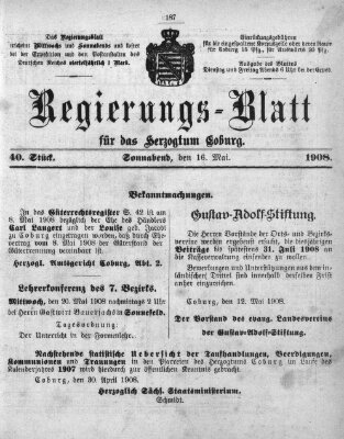 Regierungs-Blatt für das Herzogtum Coburg (Coburger Regierungs-Blatt) Samstag 16. Mai 1908