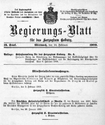 Regierungs-Blatt für das Herzogtum Coburg (Coburger Regierungs-Blatt) Mittwoch 10. Februar 1909