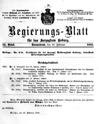 Regierungs-Blatt für das Herzogtum Coburg (Coburger Regierungs-Blatt) Samstag 18. Februar 1911
