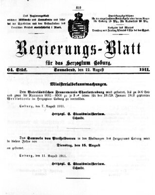 Regierungs-Blatt für das Herzogtum Coburg (Coburger Regierungs-Blatt) Samstag 12. August 1911