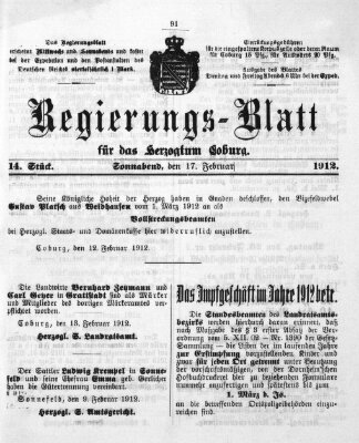 Regierungs-Blatt für das Herzogtum Coburg (Coburger Regierungs-Blatt) Samstag 17. Februar 1912
