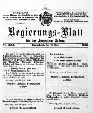 Regierungs-Blatt für das Herzogtum Coburg (Coburger Regierungs-Blatt) Samstag 21. Juni 1913