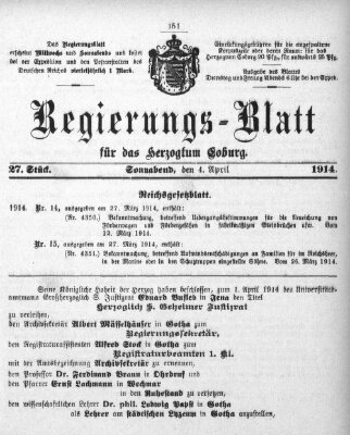 Regierungs-Blatt für das Herzogtum Coburg (Coburger Regierungs-Blatt) Samstag 4. April 1914
