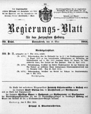 Regierungs-Blatt für das Herzogtum Coburg (Coburger Regierungs-Blatt) Samstag 16. Mai 1914