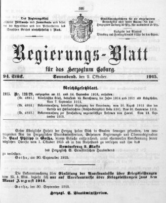 Regierungs-Blatt für das Herzogtum Coburg (Coburger Regierungs-Blatt) Samstag 2. Oktober 1915