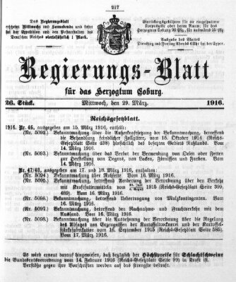 Regierungs-Blatt für das Herzogtum Coburg (Coburger Regierungs-Blatt) Mittwoch 29. März 1916