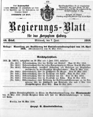 Regierungs-Blatt für das Herzogtum Coburg (Coburger Regierungs-Blatt) Mittwoch 7. Juni 1916