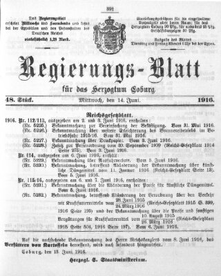 Regierungs-Blatt für das Herzogtum Coburg (Coburger Regierungs-Blatt) Mittwoch 14. Juni 1916