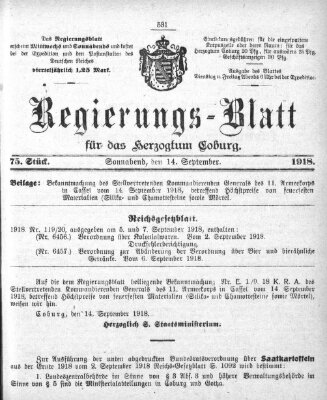 Regierungs-Blatt für das Herzogtum Coburg (Coburger Regierungs-Blatt) Samstag 14. September 1918