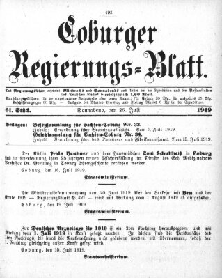 Coburger Regierungs-Blatt Samstag 26. Juli 1919