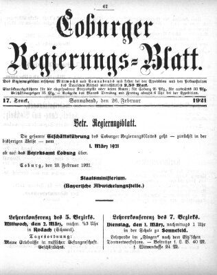 Coburger Regierungsblatt (Coburger Regierungs-Blatt) Samstag 26. Februar 1921