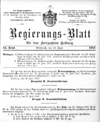 Regierungs-Blatt für das Herzogtum Coburg (Coburger Regierungs-Blatt) Mittwoch 27. Juni 1917