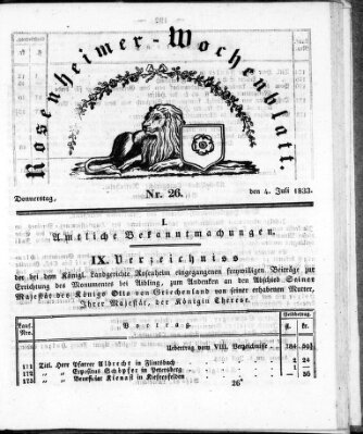 Rosenheimer Wochenblatt (Rosenheimer Anzeiger) Donnerstag 4. Juli 1833