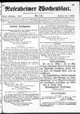 Rosenheimer Wochenblatt (Rosenheimer Anzeiger) Sonntag 5. April 1857
