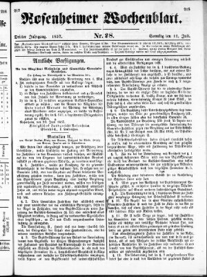 Rosenheimer Wochenblatt (Rosenheimer Anzeiger) Sonntag 12. Juli 1857