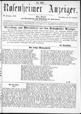 Rosenheimer Anzeiger Donnerstag 23. Dezember 1869