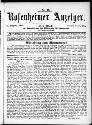 Rosenheimer Anzeiger Dienstag 24. März 1874
