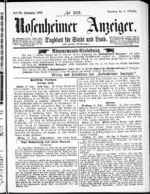 Rosenheimer Anzeiger Sonntag 1. Oktober 1882
