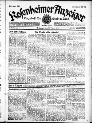 Rosenheimer Anzeiger Mittwoch 28. Juni 1922