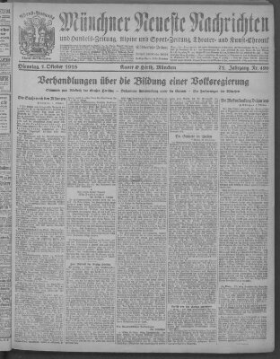 Münchner neueste Nachrichten Dienstag 1. Oktober 1918