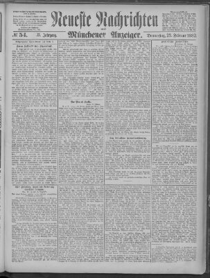 Neueste Nachrichten und Münchener Anzeiger (Münchner neueste Nachrichten) Donnerstag 23. Februar 1882