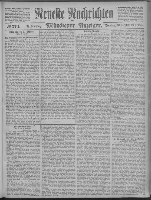 Neueste Nachrichten und Münchener Anzeiger (Münchner neueste Nachrichten) Dienstag 30. September 1884