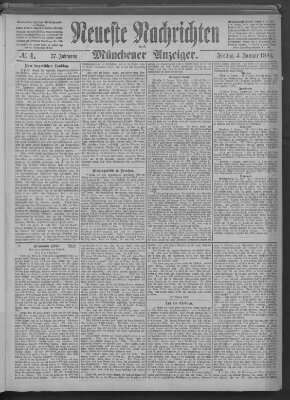 Neueste Nachrichten und Münchener Anzeiger (Münchner neueste Nachrichten) Freitag 4. Januar 1884