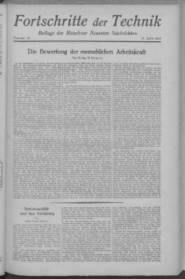 Fortschritte der Technik (Münchner neueste Nachrichten) Sonntag 18. April 1926