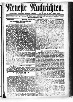 Neueste Nachrichten (Münchner neueste Nachrichten) Dienstag 27. September 1881
