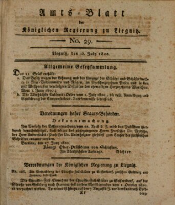 Amts-Blatt der Preußischen Regierung zu Liegnitz Samstag 15. Juli 1820