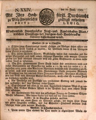 Zweybrückisches Wochenblatt (Zweibrücker Wochenblatt) Dienstag 16. Juni 1767