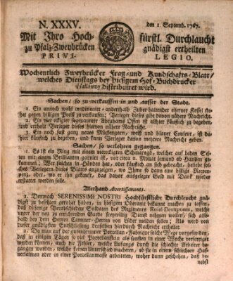 Zweybrückisches Wochenblatt (Zweibrücker Wochenblatt) Dienstag 1. September 1767