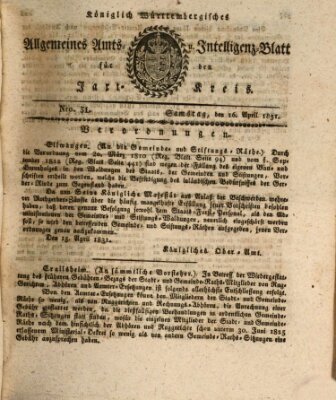 Allgemeines Amts- und Intelligenz-Blatt für den Jaxt-Kreis Samstag 16. April 1831