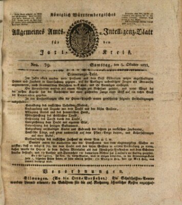 Allgemeines Amts- und Intelligenz-Blatt für den Jaxt-Kreis Samstag 3. Oktober 1835
